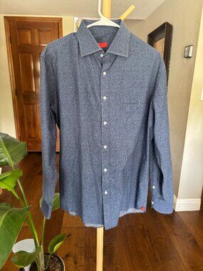 Isaia Blue Micro Pattern Dress Shirt Size 43 / 17 Spread Collar Made Italy